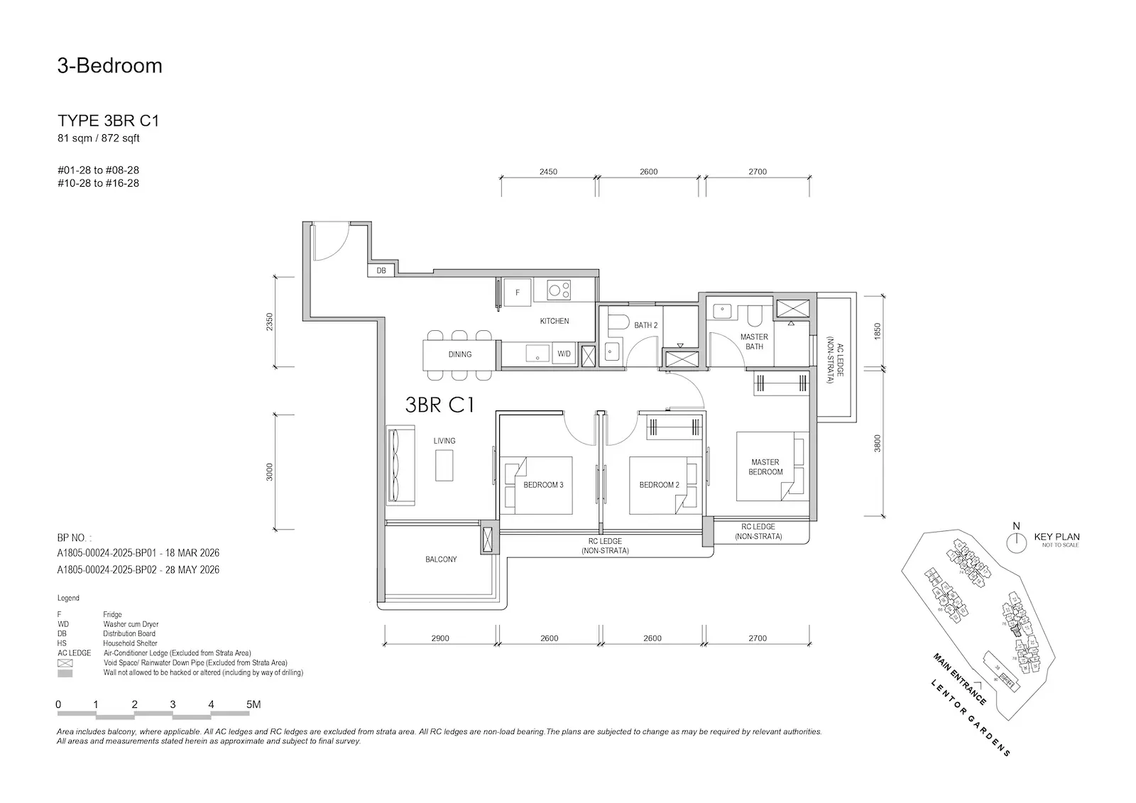 Lentor Gardens Residences 3BR Type C1 floor plan, 81 sqm / 872 sqft, 3-bedroom compact layout.