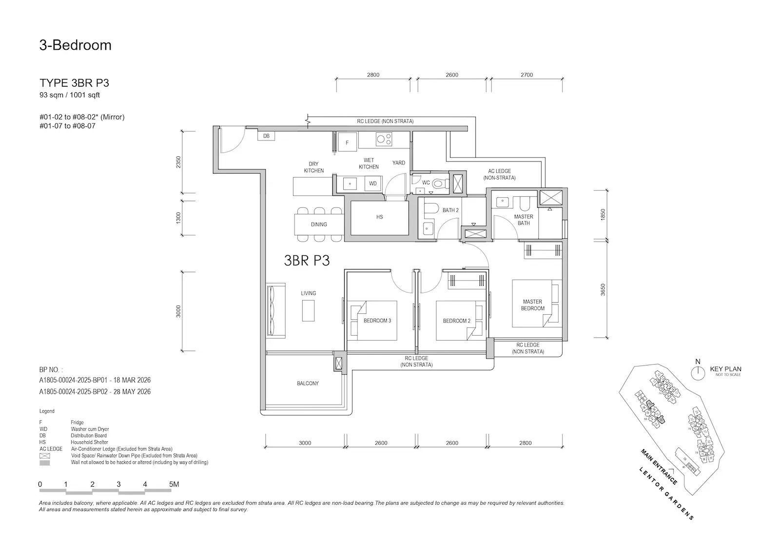 Lentor Gardens Residences 3BR Type P3 floor plan, 93 sqm / 1,001 sqft, 3-bedroom premium layout.