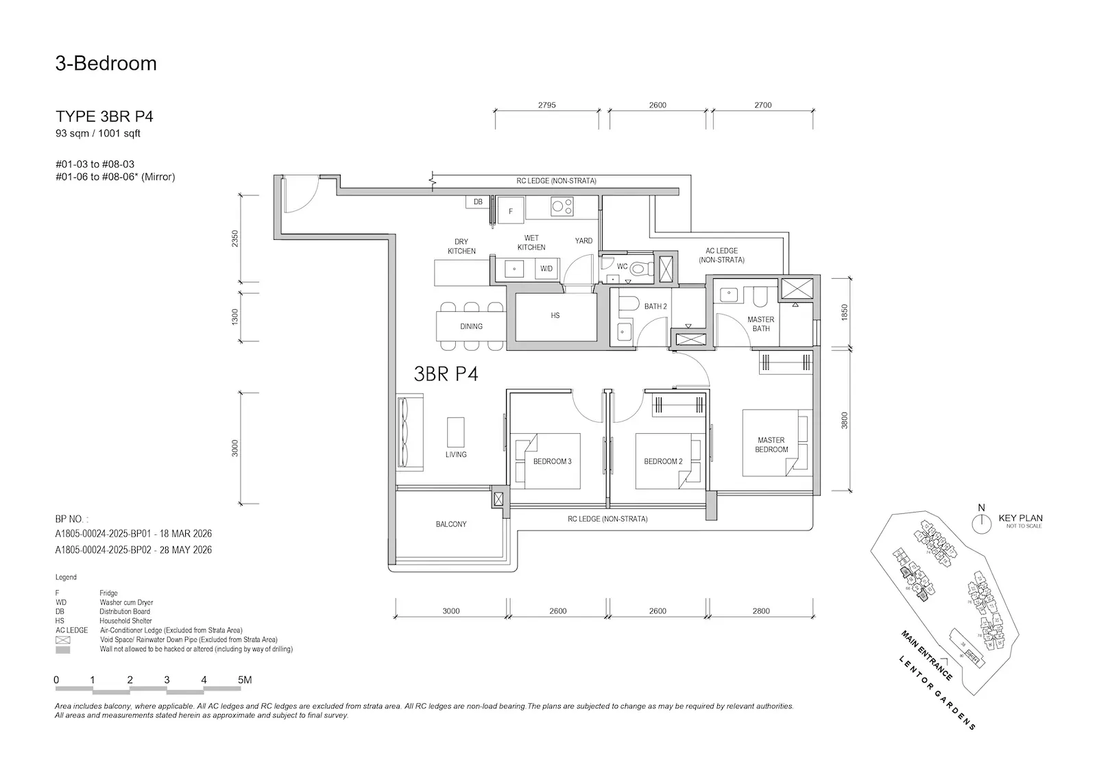 Lentor Gardens Residences 3BR Type P4 floor plan, 93 sqm / 1,001 sqft, 3-bedroom premium layout.