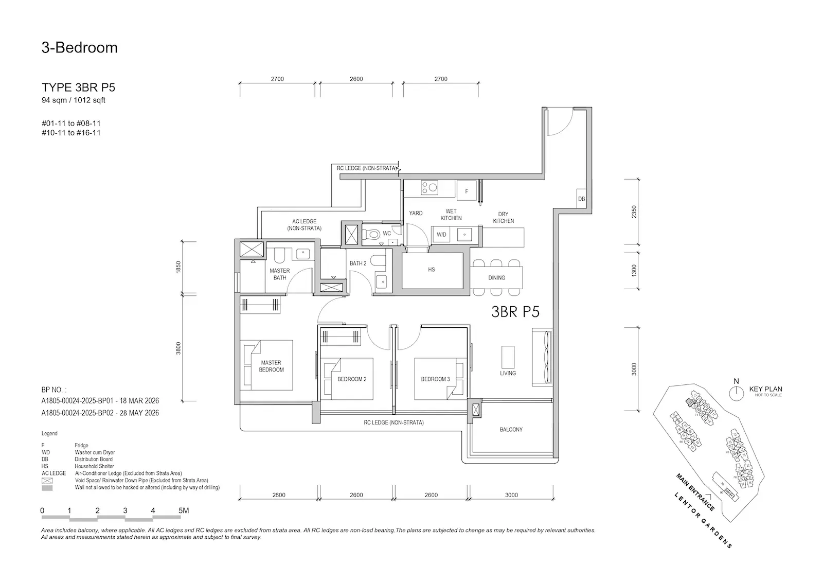 Lentor Gardens Residences 3BR Type P5 floor plan, 94 sqm / 1,012 sqft, 3-bedroom premium layout.