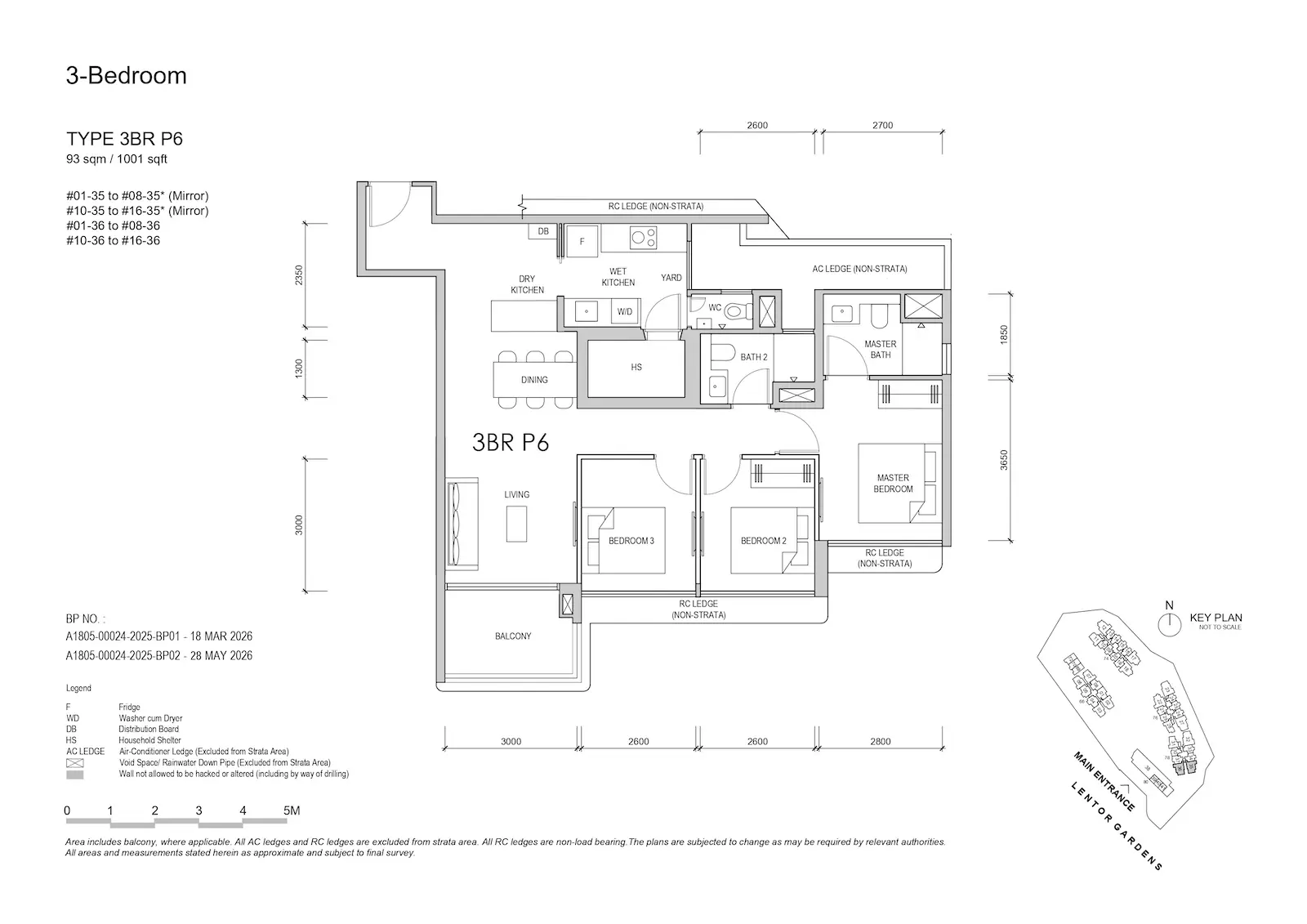 Lentor Gardens Residences 3BR Type P6 floor plan, 93 sqm / 1,001 sqft, 3-bedroom premium layout.