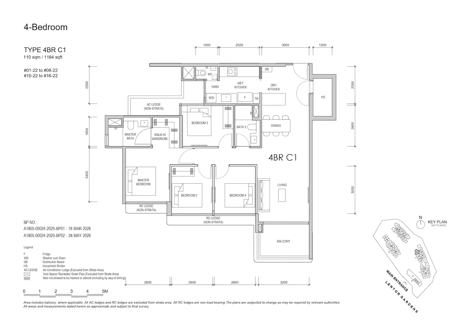 Lentor Gardens Residences 4BR Type C1 floor plan, 110 sqm / 1,184 sqft, 4-bedroom compact layout.