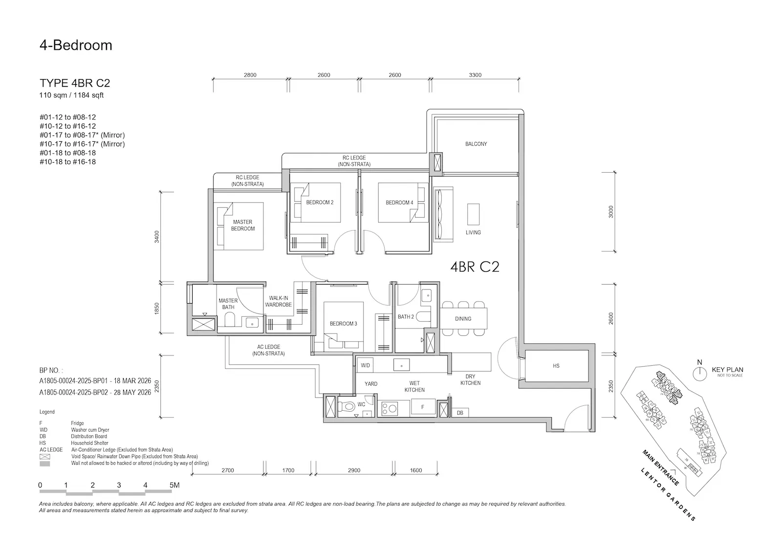 Lentor Gardens Residences 4BR Type C2 floor plan, 110 sqm / 1,184 sqft, 4-bedroom compact layout.