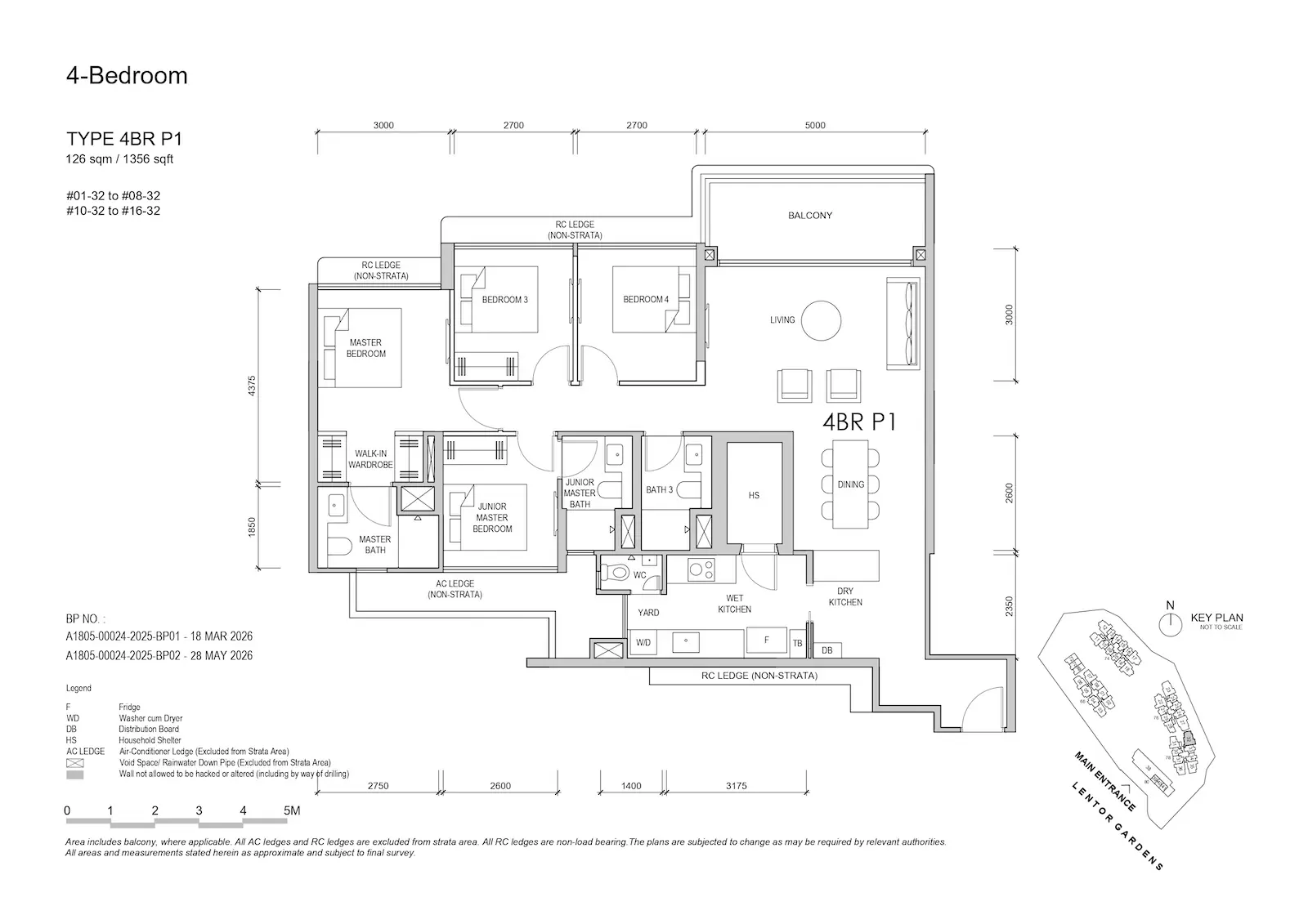 Lentor Gardens Residences 4BR Type P1 floor plan, 126 sqm / 1,356 sqft, 4-bedroom premium layout.