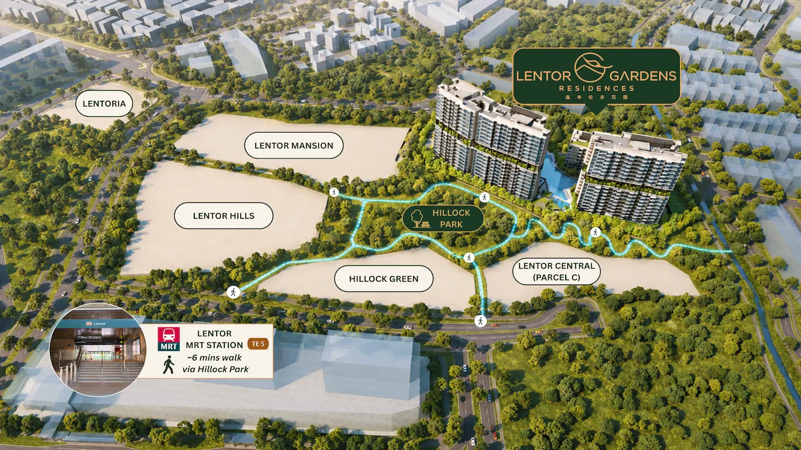 Area map showing Lentor Gardens Residences, the walk to Lentor MRT via Hillock Park, and surrounding Lentor Hills developments.