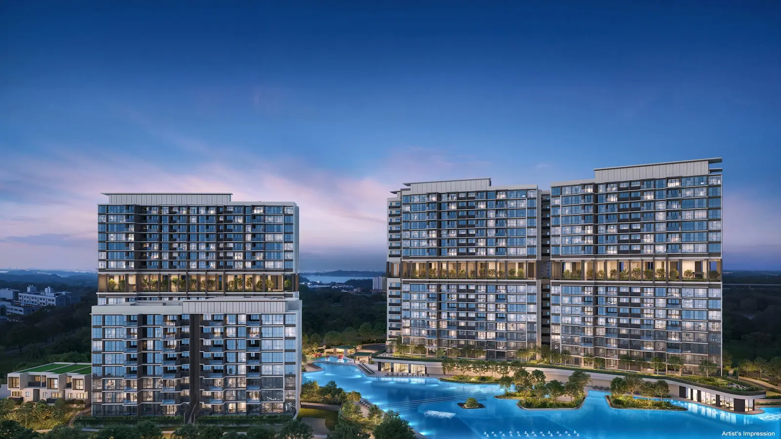 Elevated aerial artist impression of Lentor Gardens Residences and its central pool at twilight.