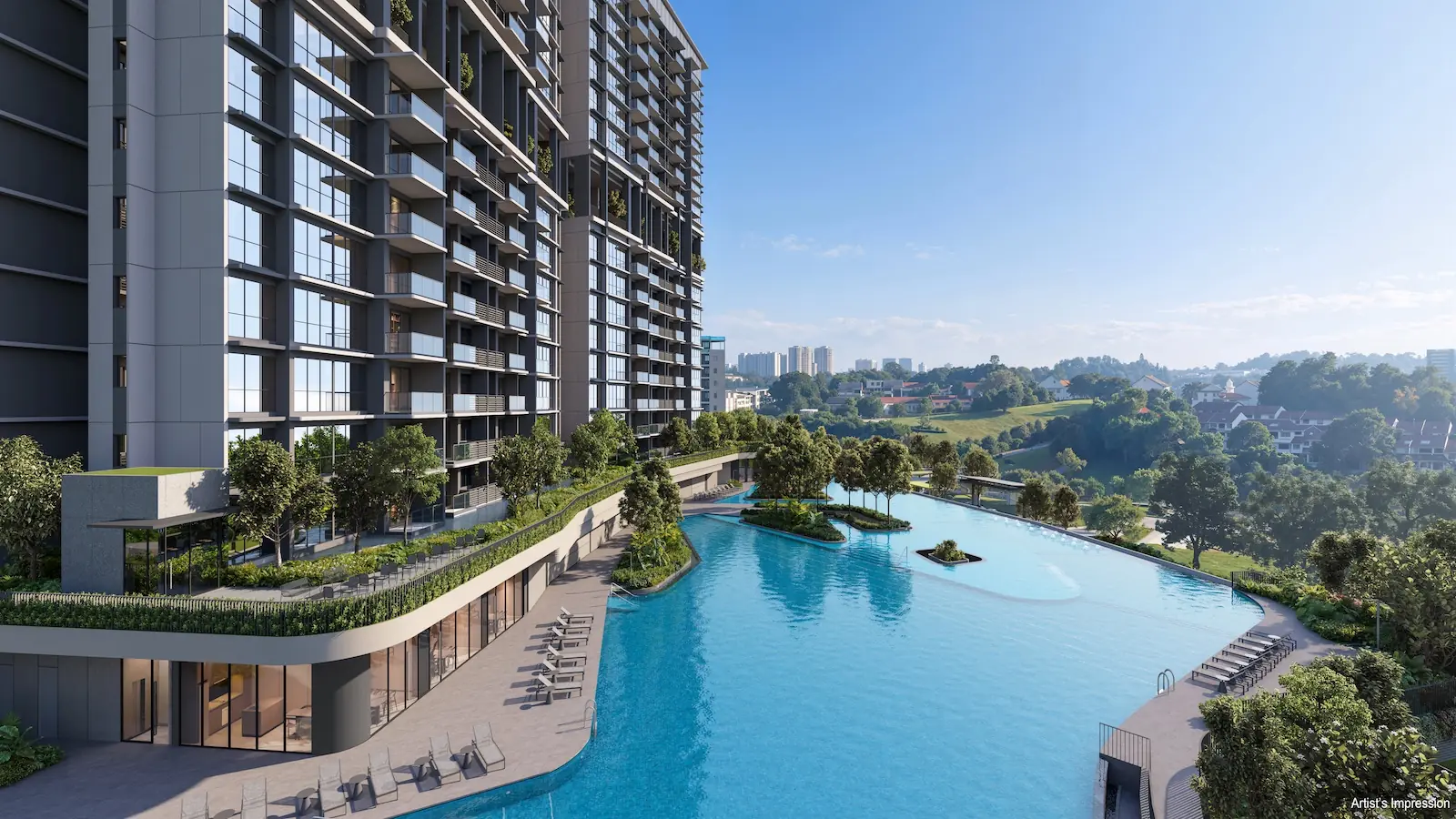 Artist impression of the infinity pool deck and landscaped greenery at Lentor Gardens Residences.
