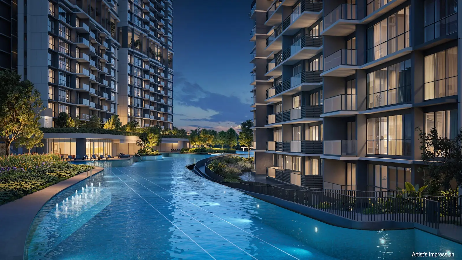 Elevated aerial artist impression of the Lentor Gardens Residences development and lagoon pool at dusk.