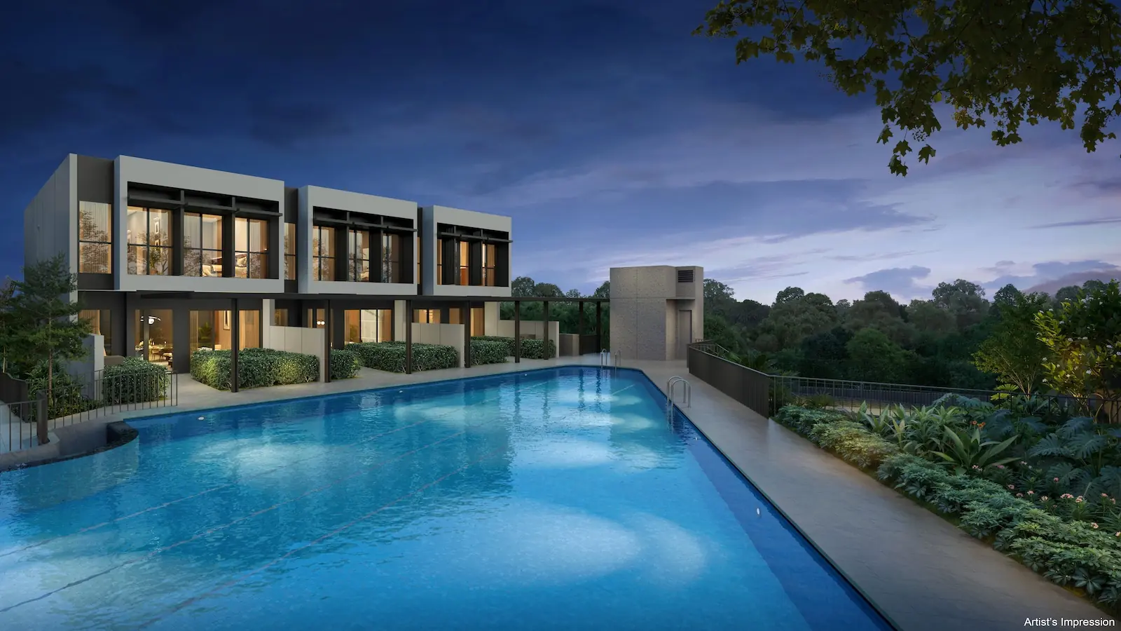 Artist impression of the strata landed terrace houses beside the lap pool at Lentor Gardens Residences.