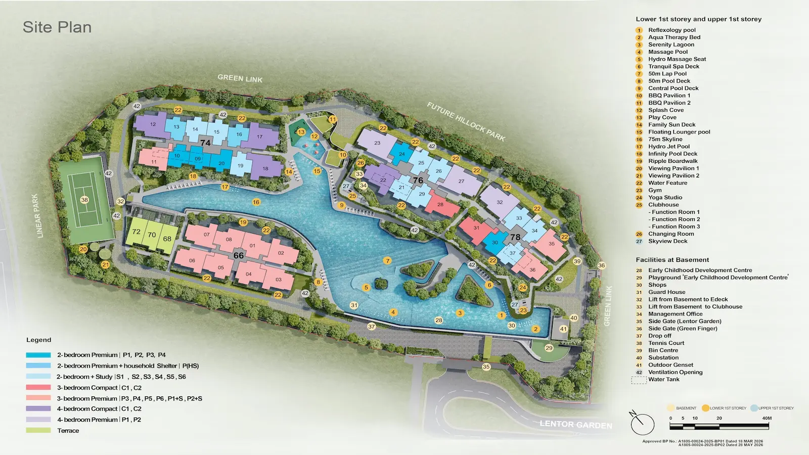 Master site plan layout for Lentor Gardens Residences detailing residential block placements, pools and facility distribution.