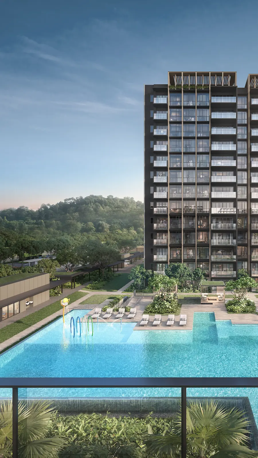 Swimming pool and lounge deck facilities at the Narra Residences leasehold condo.
