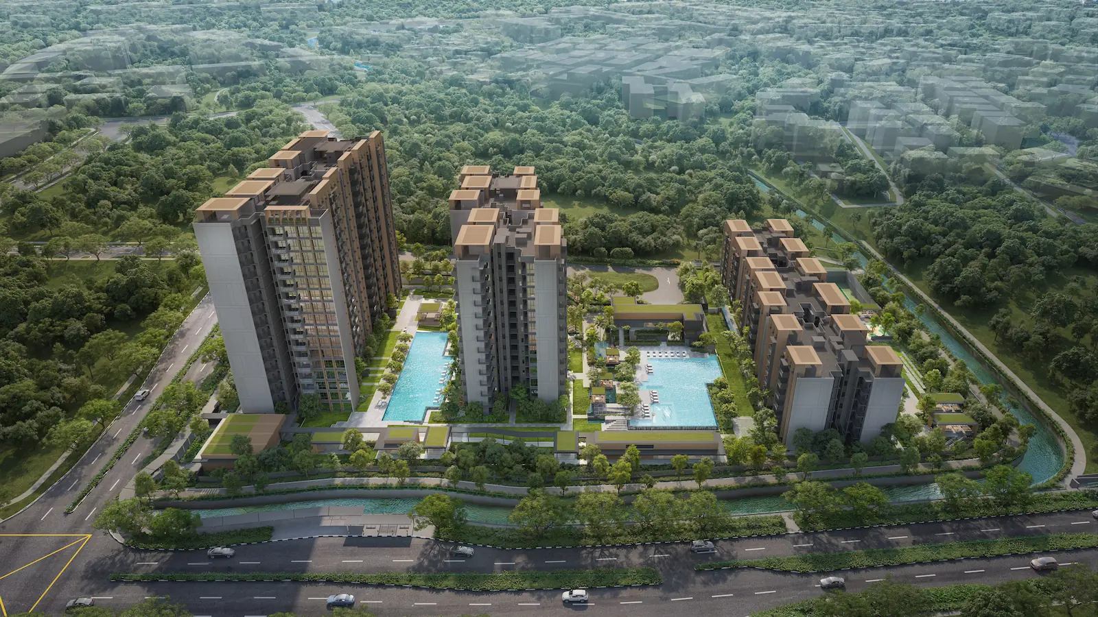 Elevated drone view of Narra Residences and its central swimming pool surrounded by Dairy Farm nature reserves.