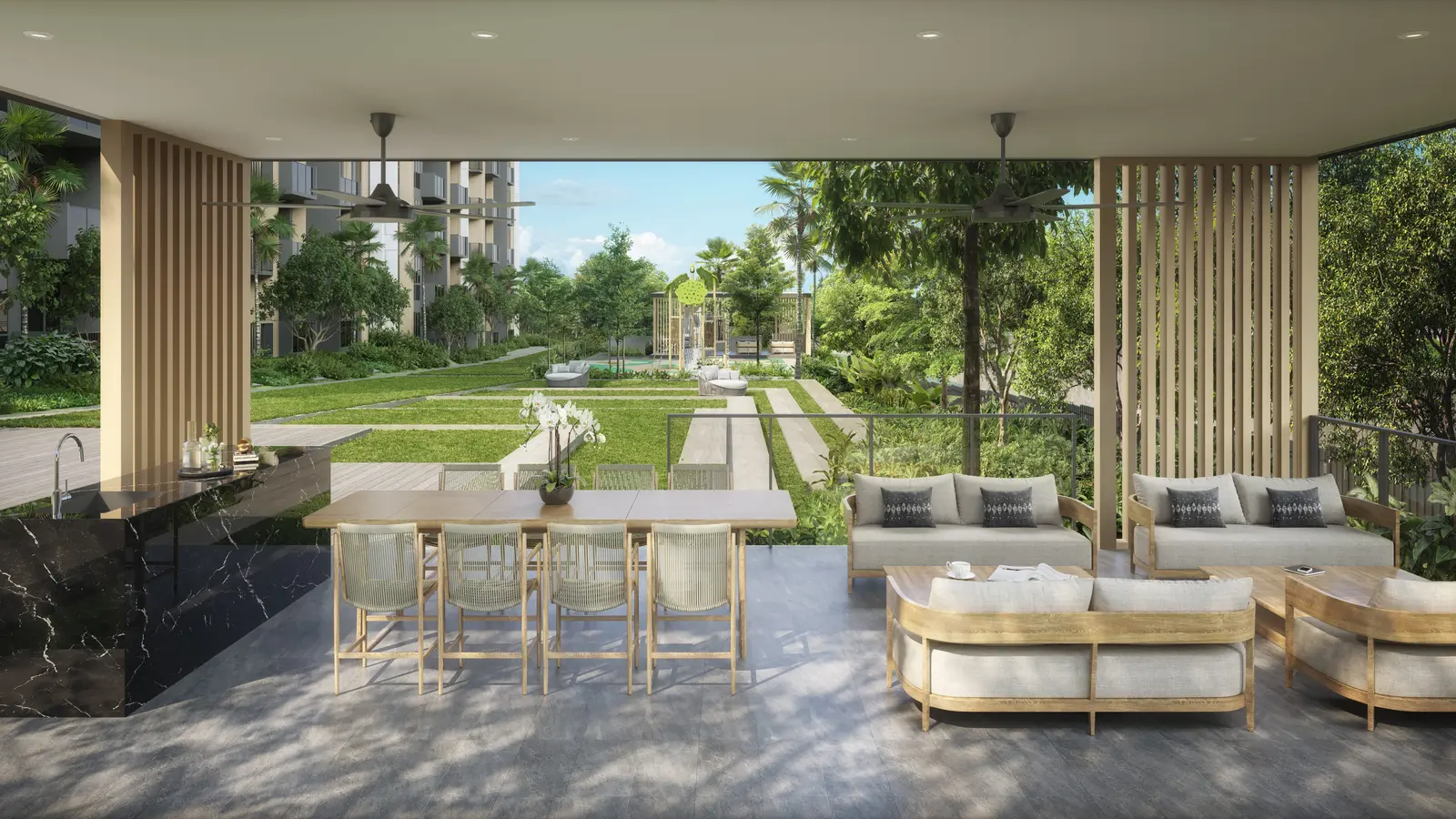 Arrival drop-off court and main entrance at Narra Residences.