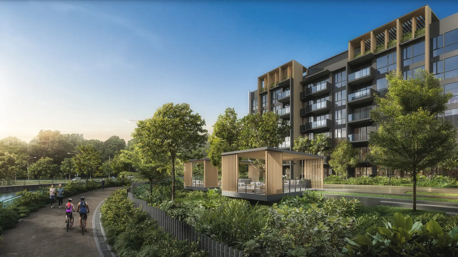 Outdoor leisure pavilions and landscaping at Narra Residences.
