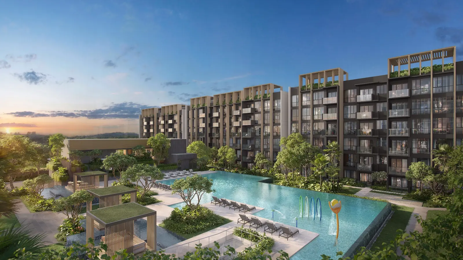 Sunset view of the lifestyle swimming pool and cabanas at Narra Residences.
