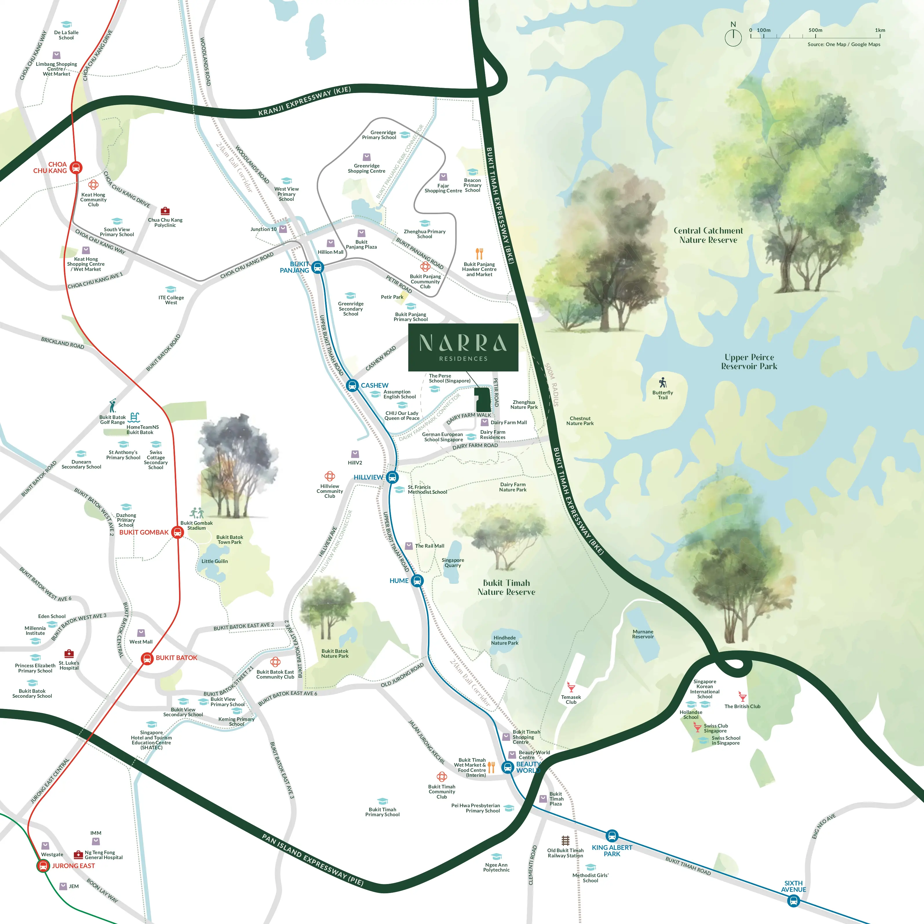 Street map showing the location of Narra Residences near Dairy Farm Nature Reserve.