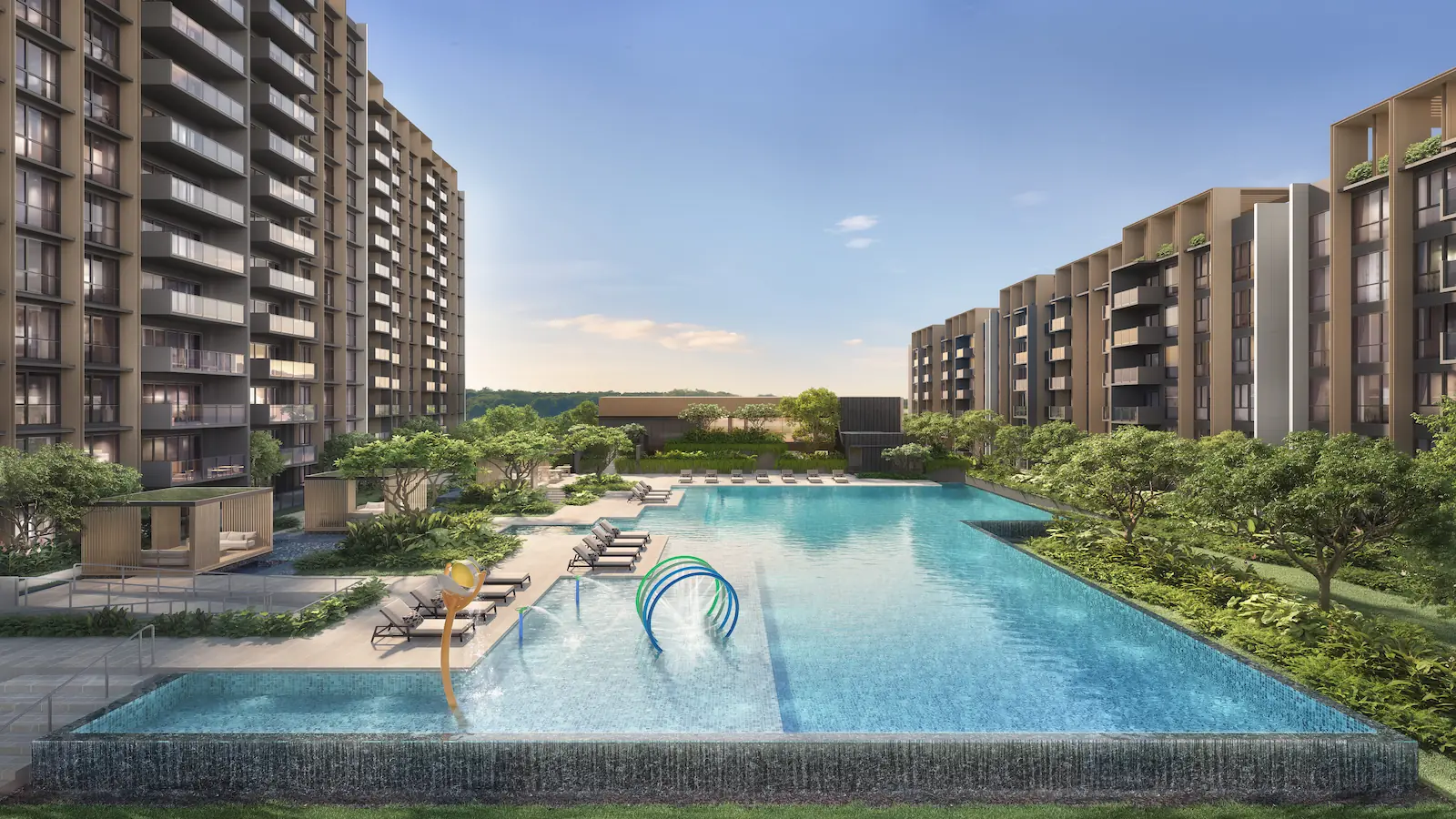 Main swimming pool and water play area at Narra Residences in Dairy Farm.