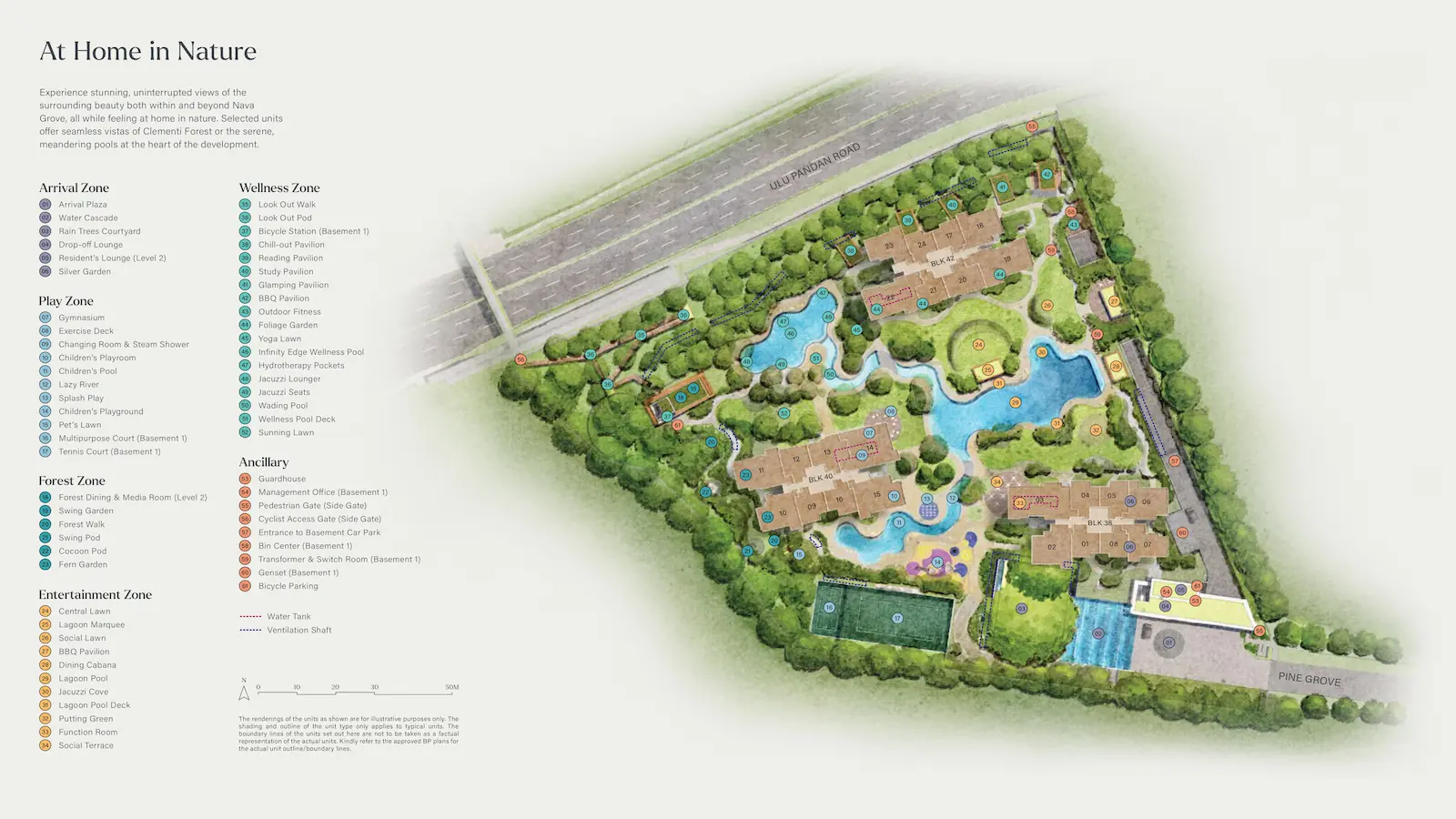 Architectural site plan of Nava Grove condominium detailing the layout of three residential blocks, multiple swimming pools, a tennis court, and landscaped areas, alongside a numbered legend categorizing the Arrival, Play, Forest, Entertainment, Wellness, and Ancillary zones, bordered by Ulu Pandan Road and Pine Grove.