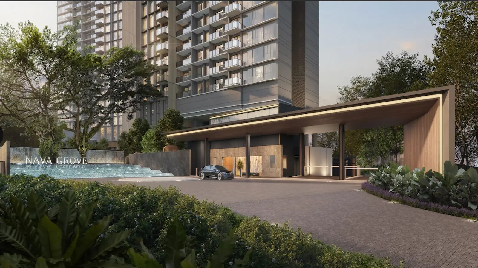 Architectural rendering of the Nava Grove arrival plaza, showing a wide paved driveway, a modern drop-off canopy with stone accents, a tiered water feature displaying the development name, a parked vehicle, and a multi-story residential tower set amidst landscaping.