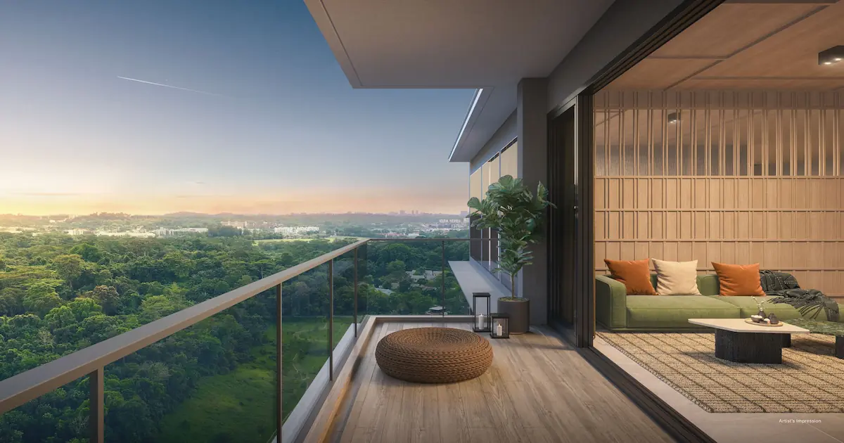 Perspective from a private balcony with glass railings, showing an outdoor seating area and providing expansive, unblocked views over a dense forest canopy towards the city skyline.