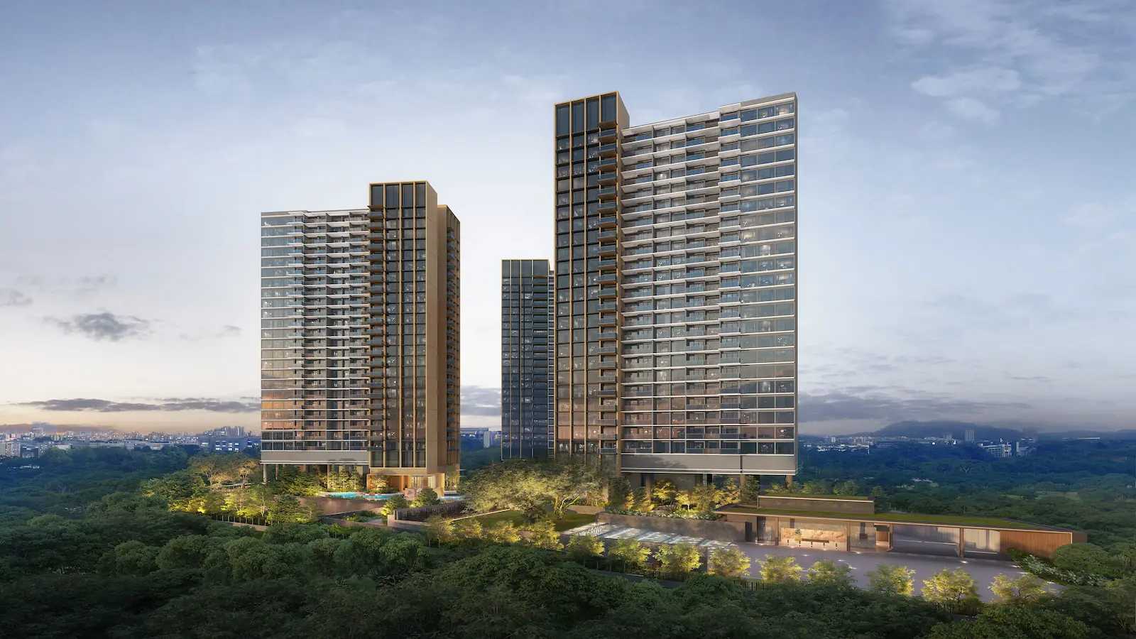 Aerial rendering of Nava Grove condominium showing three illuminated residential towers, the arrival plaza, and surrounding forest canopy at dusk.