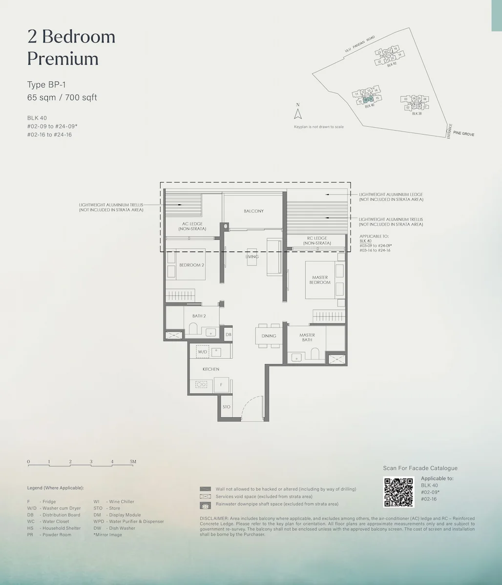 Floor plan layout for Nava Grove 2 Bedroom Premium Type BP-1, covering 65 square meters or 700 square feet, detailing the arrangement of the master bedroom, bedroom 2, bathrooms, living area, dining space, kitchen, balcony, and a keyplan for Block 40.