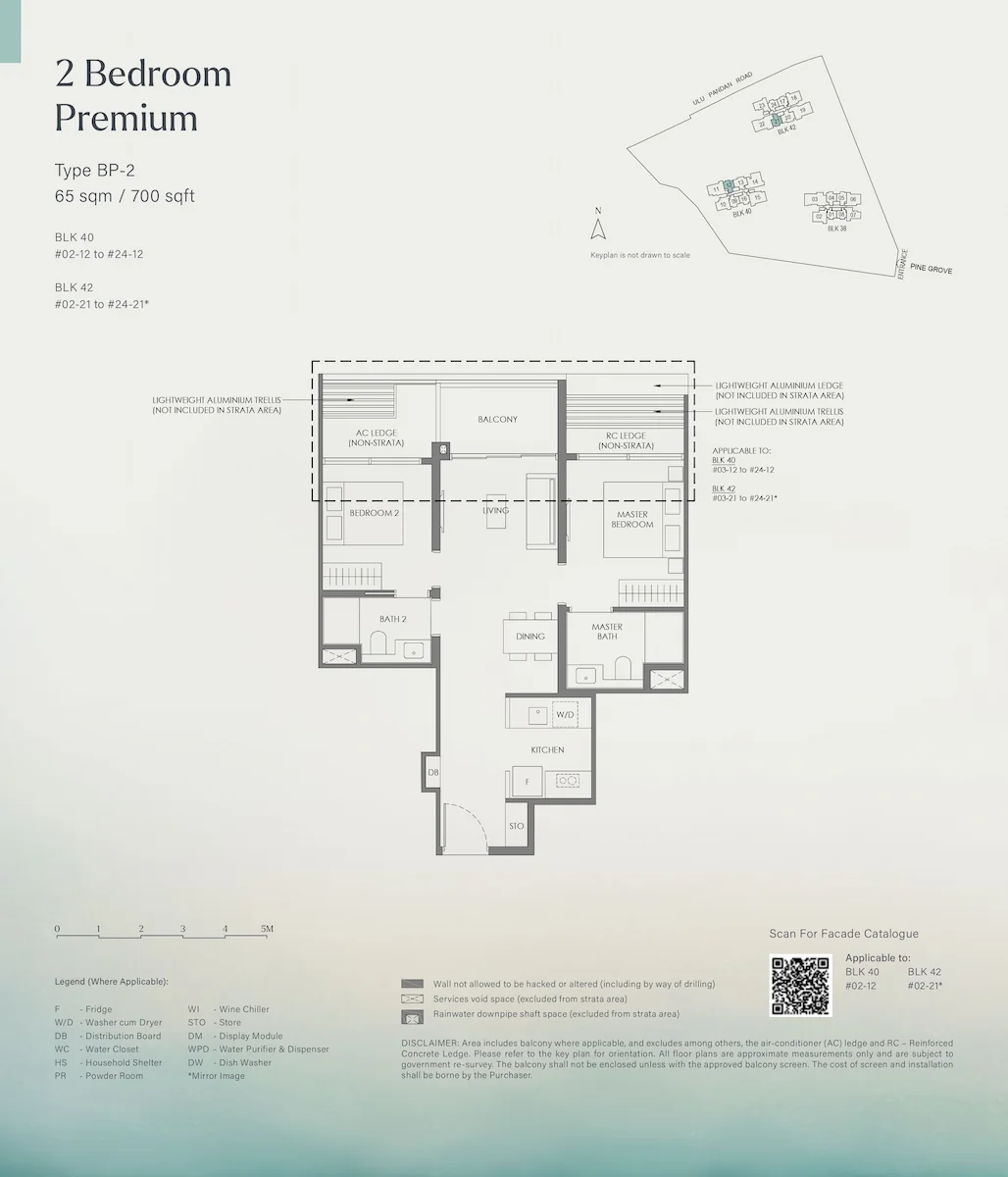 Floor plan layout for Nava Grove 2 Bedroom Premium Type BP-2, covering 65 square meters or 700 square feet, showing the spatial configuration of the bedrooms, bathrooms, enclosed kitchen, living and dining areas, balcony, and keyplans for Blocks 40 and 42.