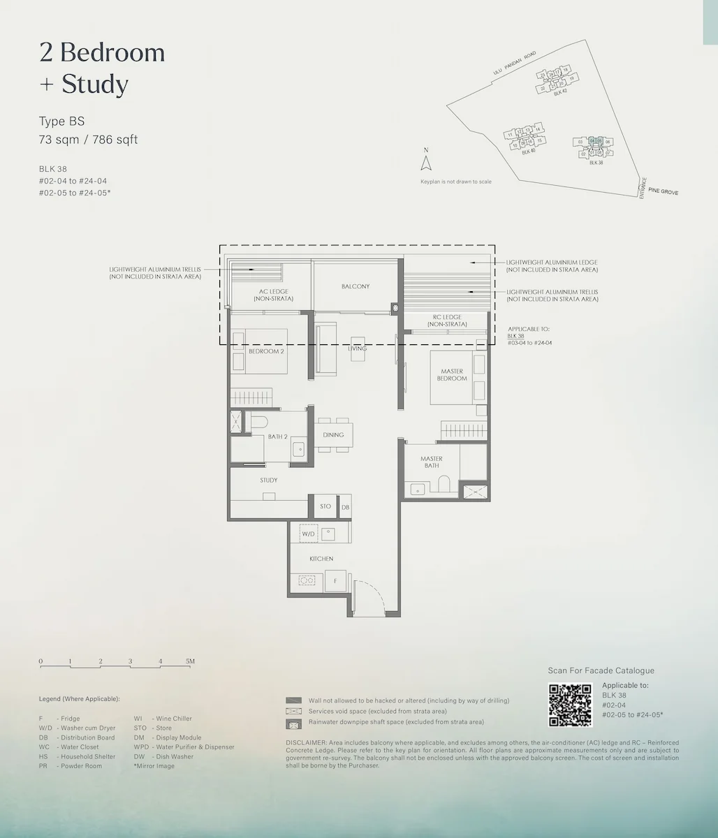 Floor plan layout for Nava Grove 2 Bedroom plus Study Type BS, covering 73 square meters or 786 square feet, illustrating the layout of the bedrooms, dedicated study room, bathrooms, living space, kitchen, balcony, and a keyplan for Block 38.