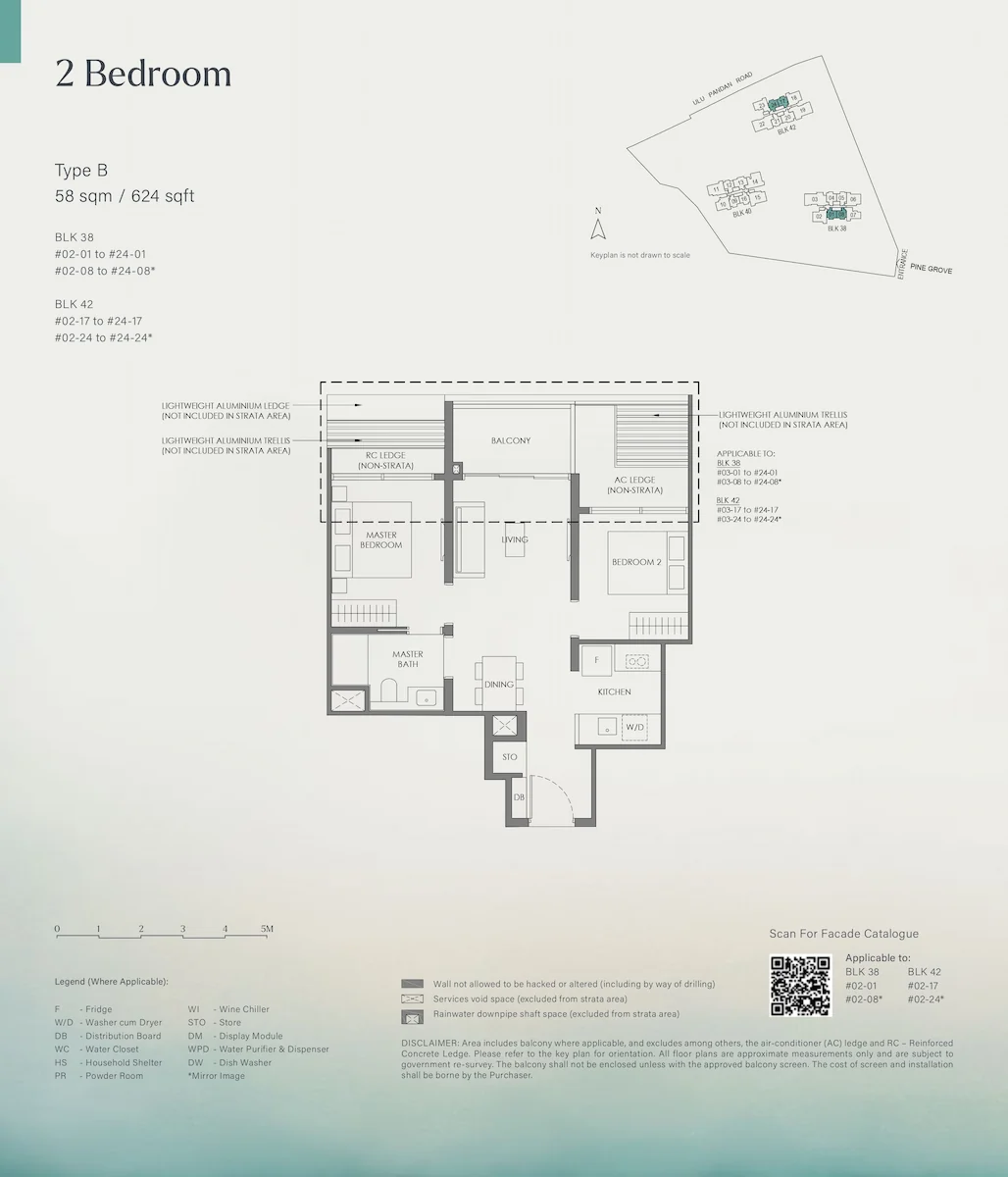 Floor plan layout for Nava Grove 2 Bedroom Type B, covering 58 square meters or 624 square feet, indicating the compact arrangement of the master bedroom, bedroom 2, bathrooms, living and dining areas, kitchen, balcony, and keyplans for Blocks 38 and 42.