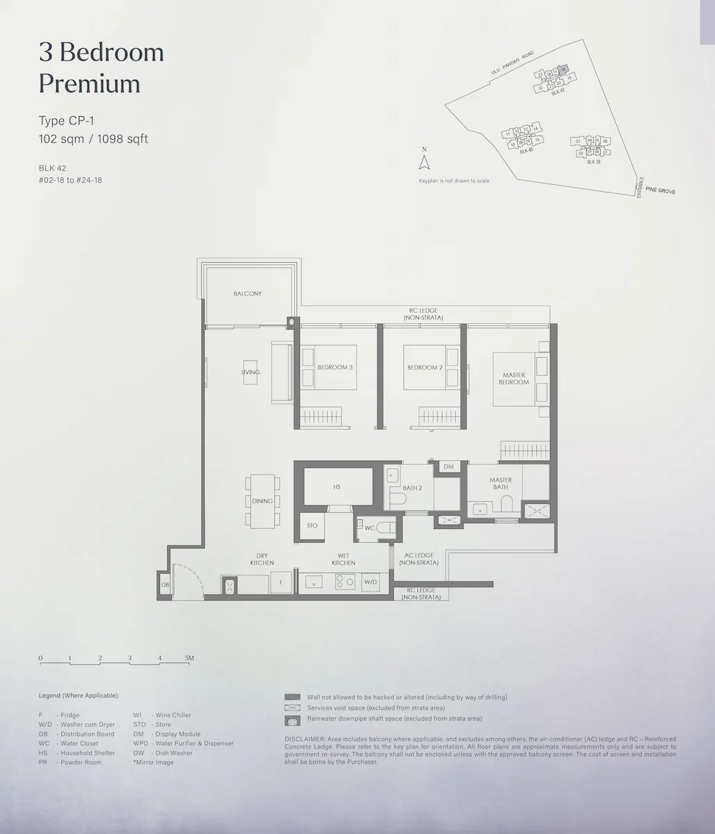 Floor plan layout for Nava Grove 3 Bedroom Premium Type CP-1, covering 102 square meters or 1098 square feet, detailing the master bedroom, two bedrooms, bathrooms, living area, dining space, dry and wet kitchens, household shelter, balcony, and a keyplan for Block 42.