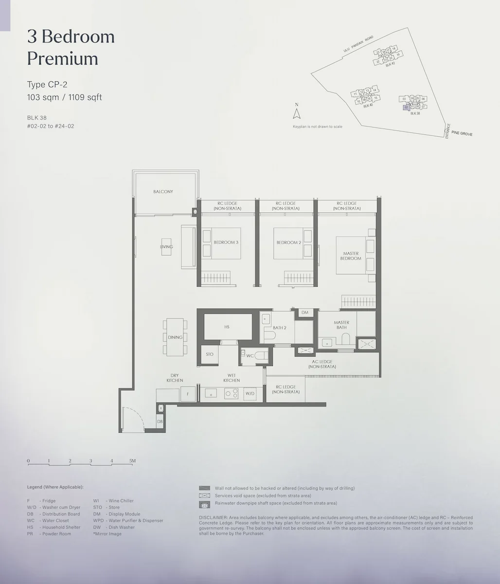Floor plan layout for Nava Grove 3 Bedroom Premium Type CP-2, covering 103 square meters or 1109 square feet, indicating the layout of the master bedroom, two additional bedrooms, bathrooms, living and dining areas, dry and wet kitchens, household shelter, balcony, and a keyplan for Block 38.