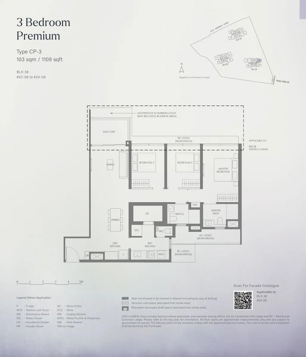 Floor plan layout for Nava Grove 3 Bedroom Premium Type CP-3, covering 103 square meters or 1109 square feet, detailing the arrangement of the bedrooms, bathrooms, living and dining areas, dry and wet kitchens, household shelter, balcony, and a keyplan for Block 38.