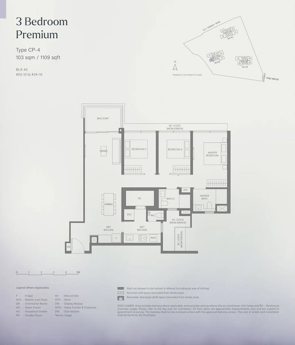 Floor plan layout for Nava Grove 3 Bedroom Premium Type CP-4, covering 103 square meters or 1109 square feet, showing the configuration of the master bedroom, two bedrooms, bathrooms, living and dining areas, dry and wet kitchens, household shelter, balcony, and a keyplan for Block 40.