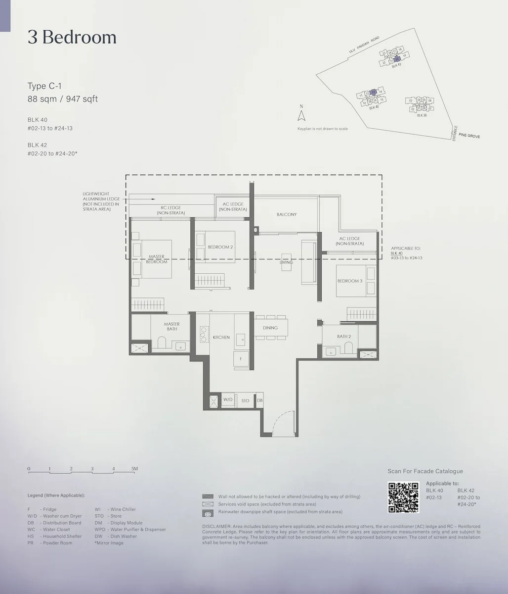 Floor plan layout for Nava Grove 3 Bedroom Type C-1, covering 88 square meters or 947 square feet, detailing the master bedroom, two additional bedrooms, bathrooms, living area, dining space, kitchen, balcony, and keyplans for Blocks 40 and 42.