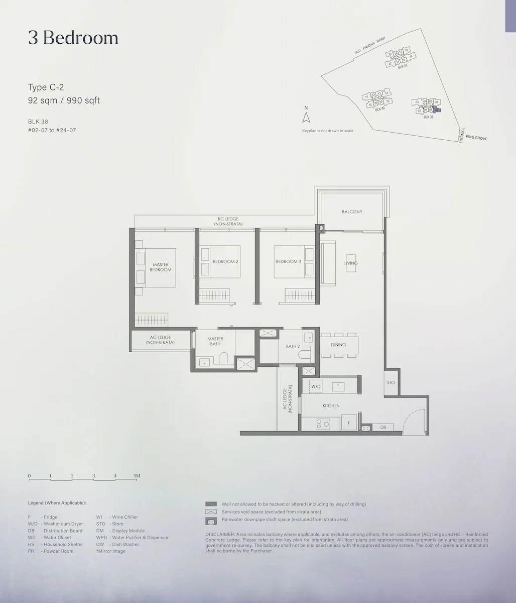 Floor plan layout for Nava Grove 3 Bedroom Type C-2, covering 92 square meters or 990 square feet, showing the arrangement of the master bedroom, two bedrooms, bathrooms, living and dining areas, enclosed kitchen, balcony, and a keyplan for Block 38.