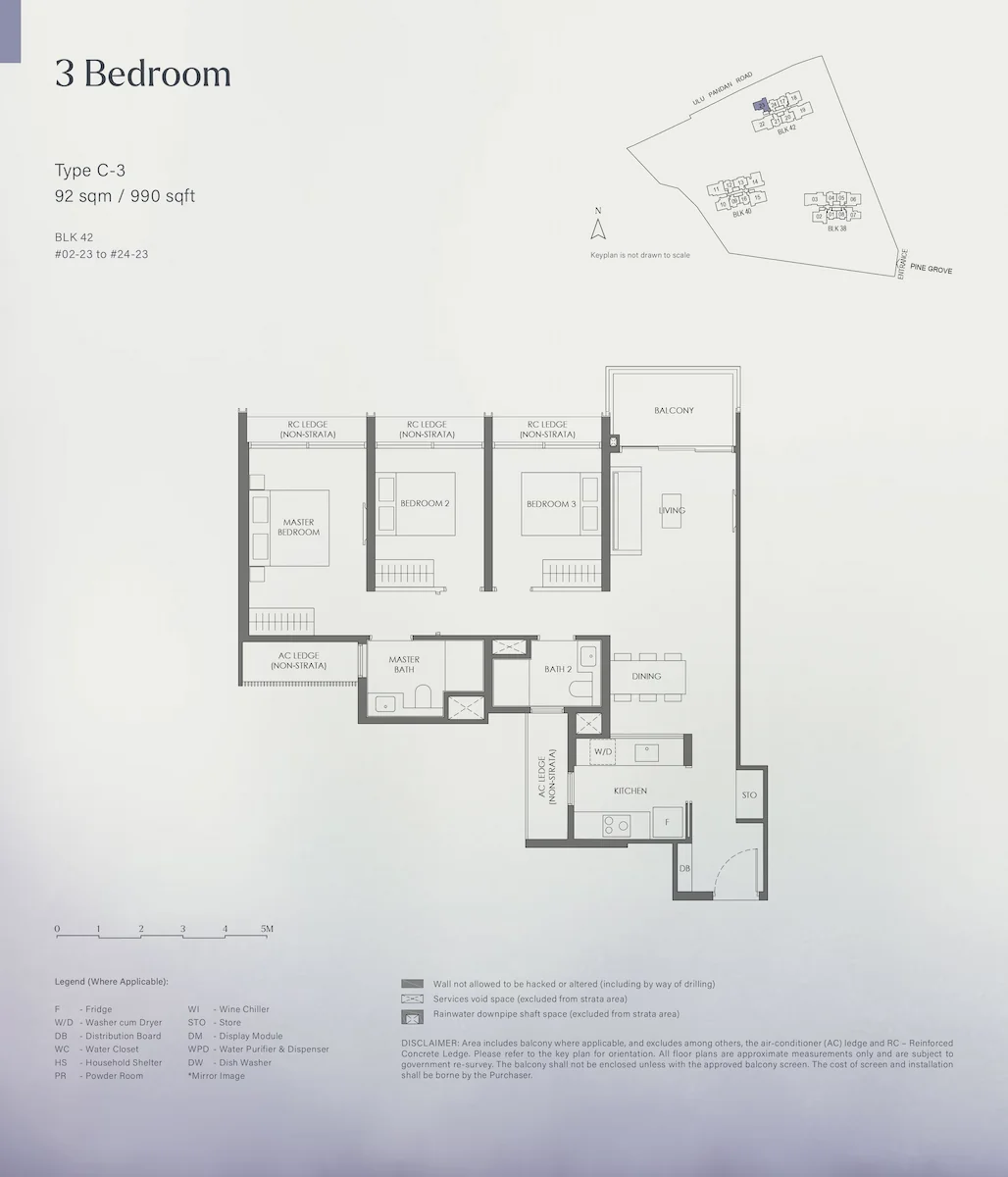 Floor plan layout for Nava Grove 3 Bedroom Type C-3, covering 92 square meters or 990 square feet, illustrating the spatial configuration of the bedrooms, bathrooms, living room, dining space, kitchen, balcony, and a keyplan for Block 42.