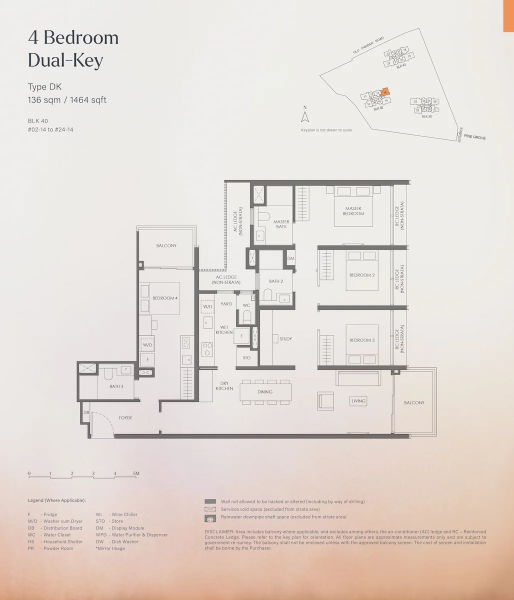 Floor plan layout for Nava Grove 4 Bedroom Dual-Key Type DK, covering 136 square meters or 1464 square feet, showing a shared foyer leading to a studio suite alongside the main unit featuring a master bedroom, two bedrooms, a study, living and dining areas, wet and dry kitchens, balconies, and a keyplan for Block 40.