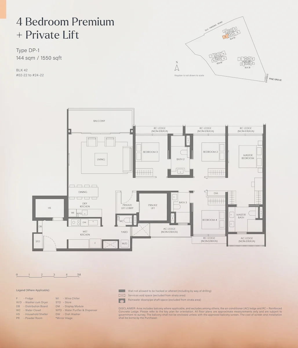 Floor plan layout for Nava Grove 4 Bedroom Premium plus Private Lift Type DP-1, covering 144 square meters or 1550 square feet, indicating a private lift lobby, master bedroom, three bedrooms, bathrooms, living and dining areas, dry and wet kitchens, yard, household shelter, balcony, and a keyplan for Block 42.