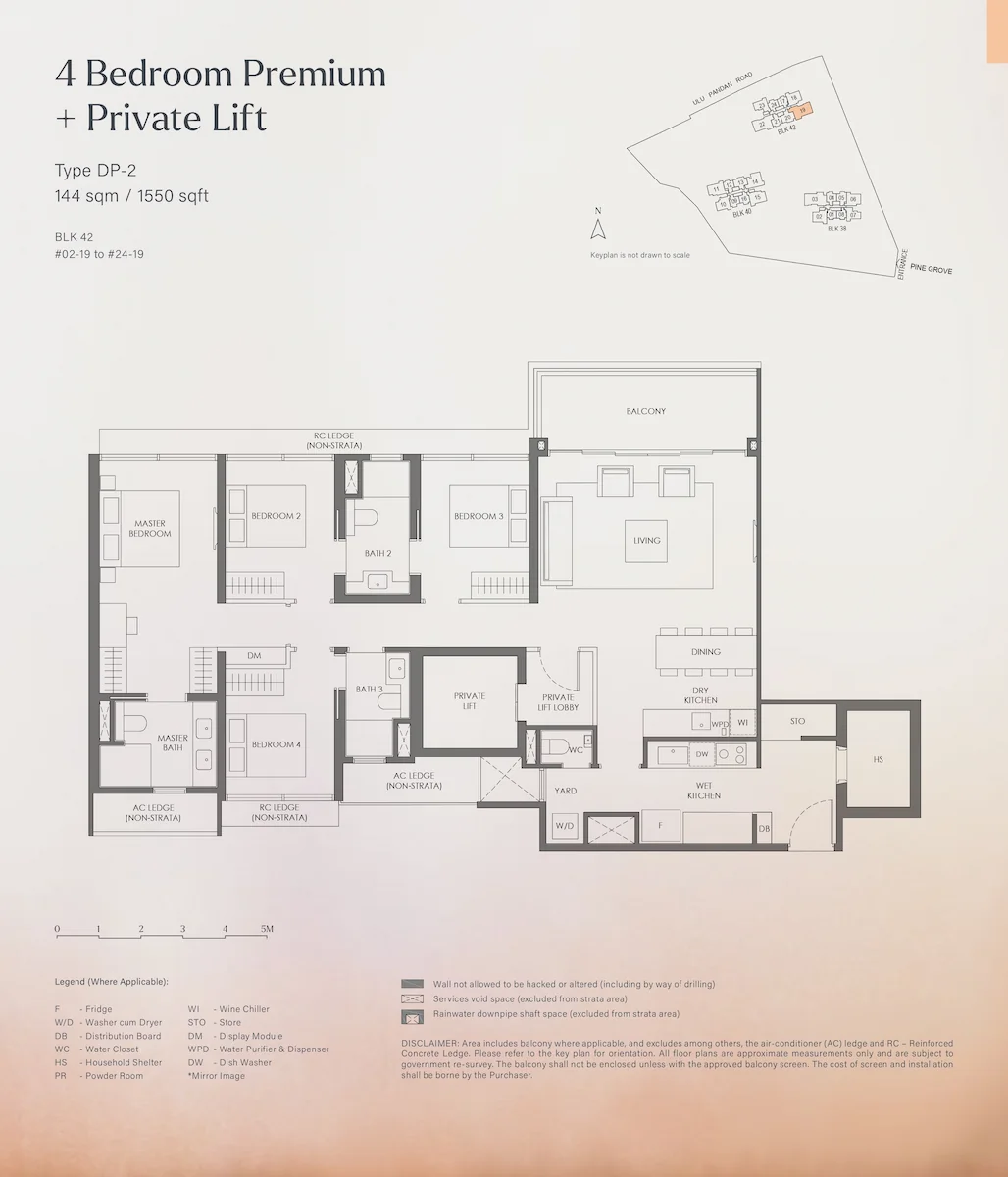 Floor plan layout for Nava Grove 4 Bedroom Premium plus Private Lift Type DP-2, covering 144 square meters or 1550 square feet, showing a private lift lobby, master bedroom, three additional bedrooms, bathrooms, living and dining areas, dry and wet kitchens, yard, household shelter, balcony, and a keyplan for Block 42.