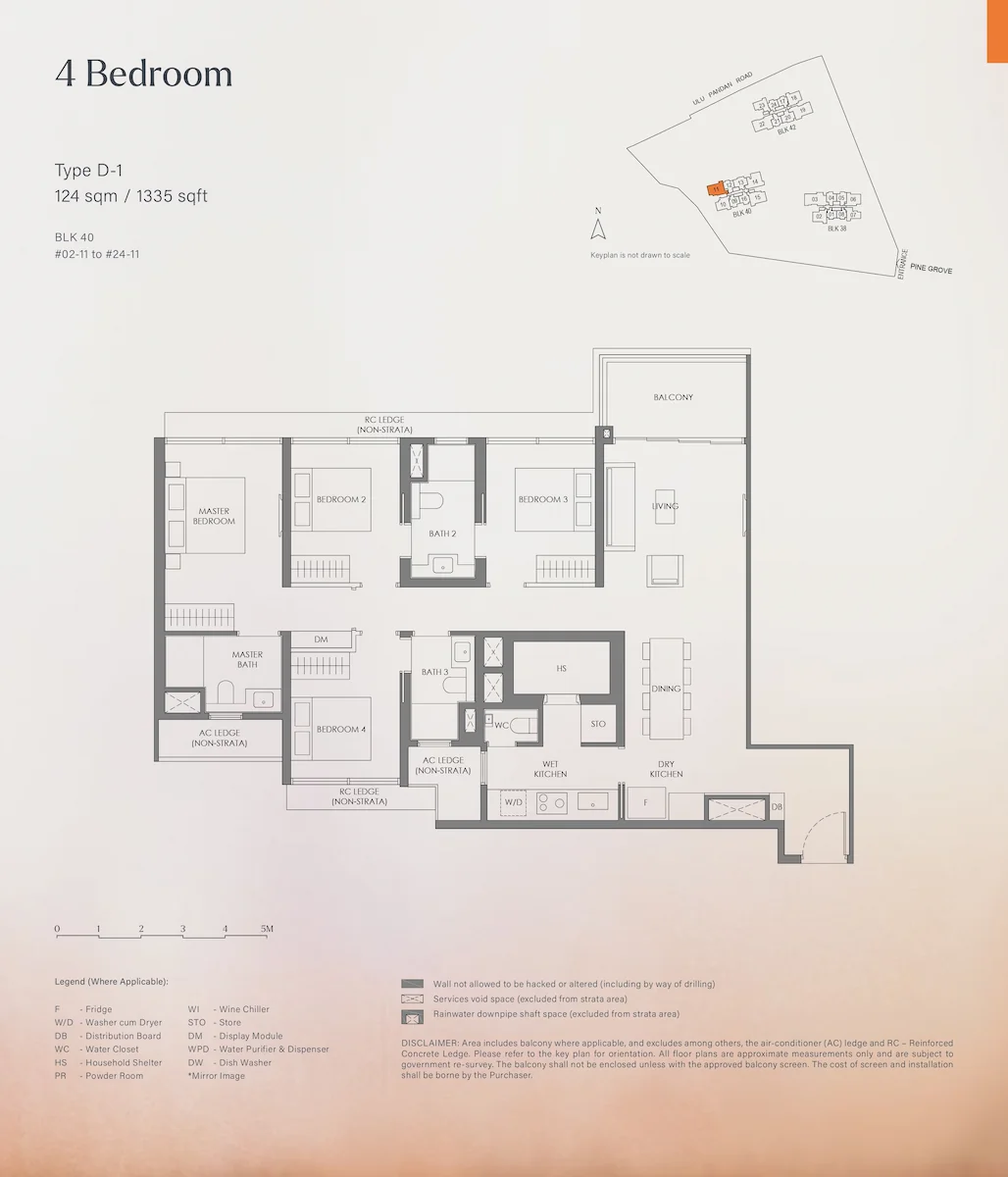 Floor plan layout for Nava Grove 4 Bedroom Type D-1, covering 124 square meters or 1335 square feet, detailing the master bedroom, three additional bedrooms, bathrooms, living and dining areas, dry and wet kitchens, household shelter, balcony, and a keyplan for Block 40.