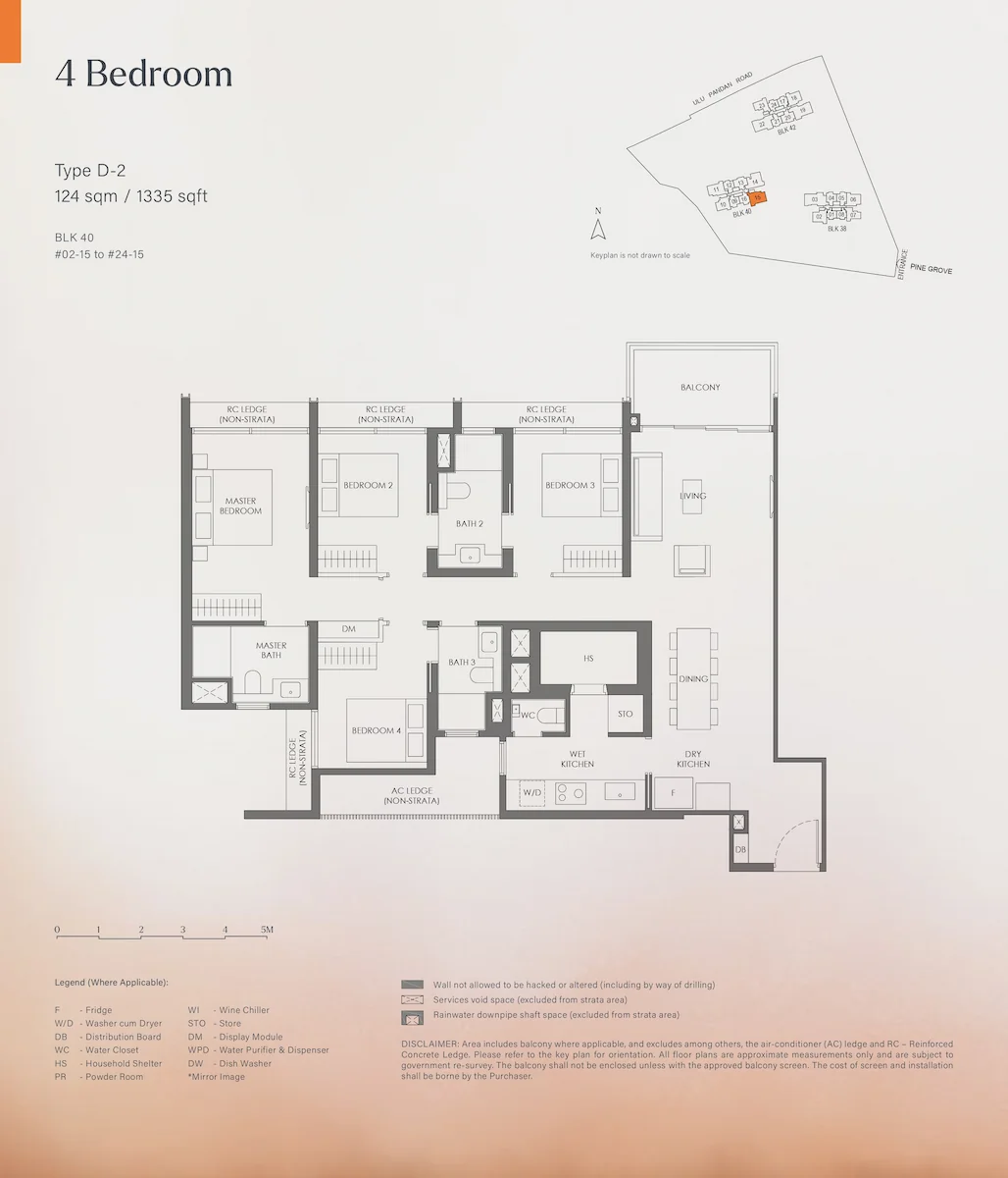 Floor plan layout for Nava Grove 4 Bedroom Type D-2, covering 124 square meters or 1335 square feet, showing the arrangement of the master bedroom, three bedrooms, bathrooms, living and dining areas, dry and wet kitchens, household shelter, balcony, and a keyplan for Block 40.