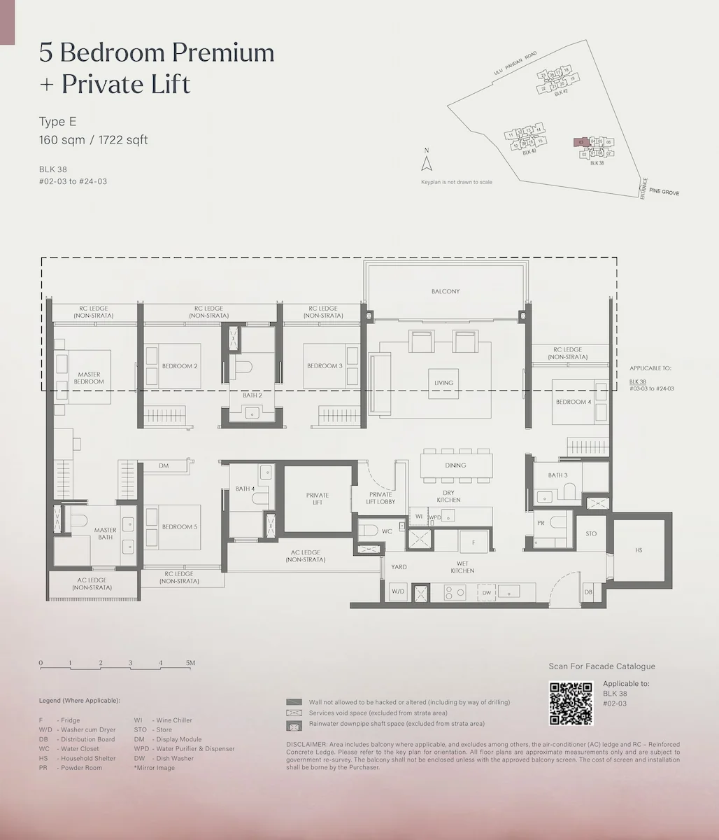 Floor plan layout for Nava Grove 5 Bedroom Premium plus Private Lift Type E, covering 160 square meters or 1722 square feet, detailing the private lift lobby, master bedroom, four additional bedrooms, multiple bathrooms, expansive living and dining areas, dry and wet kitchens, yard, household shelter, balcony, and a keyplan for Block 38.