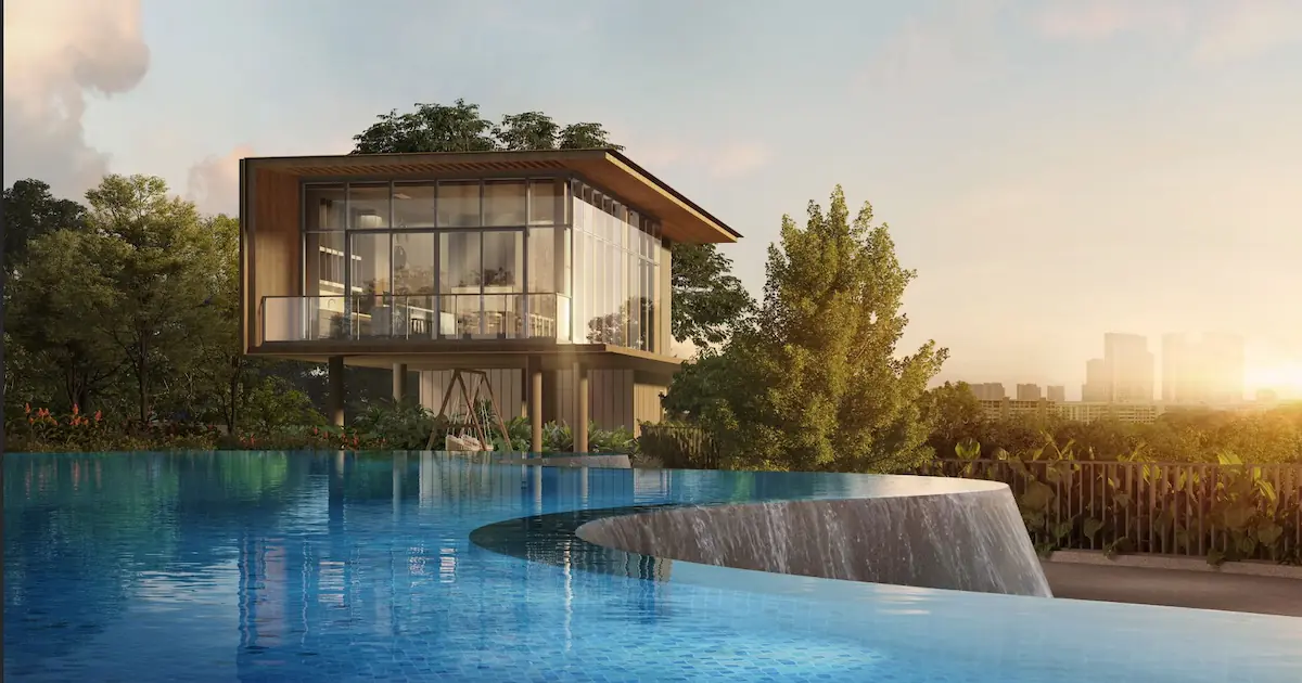 View of an infinity-edge pool cascading over a curved wall, with a two-story glass-facade building elevated on pillars in the background overlooking a forested canopy.