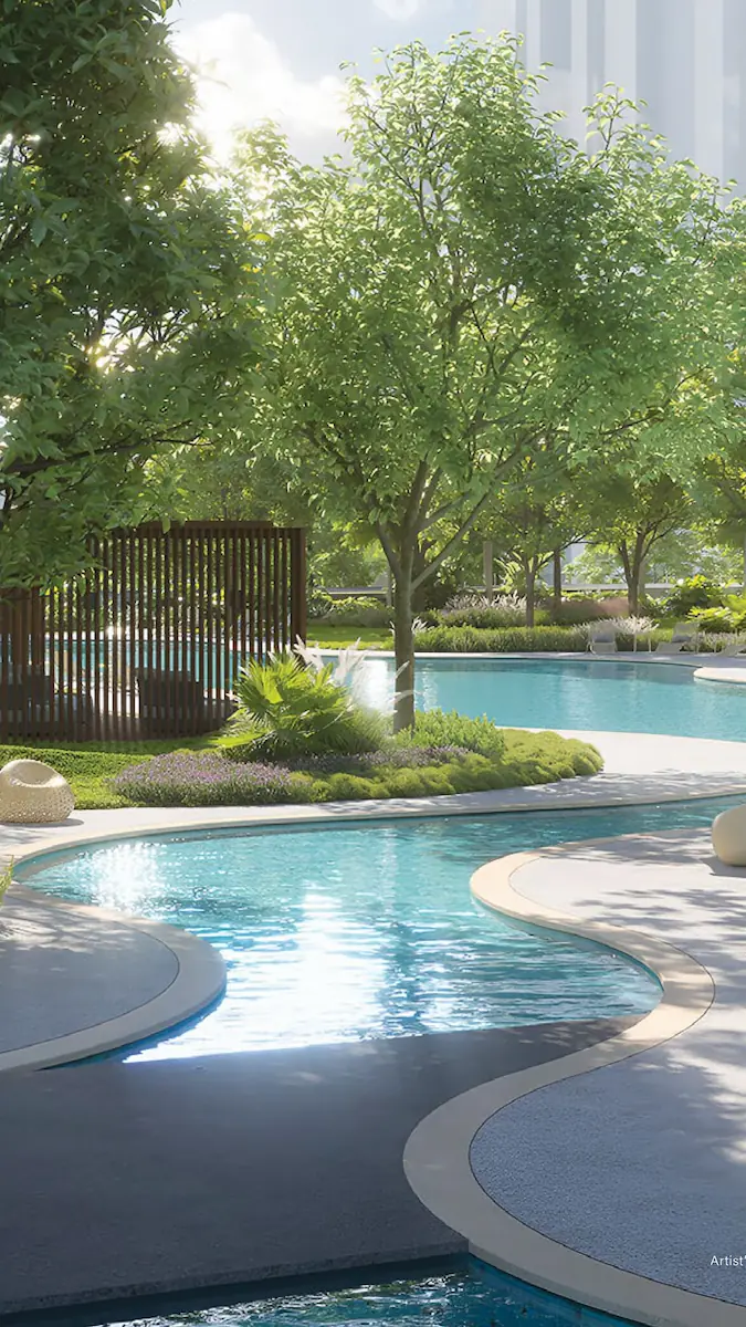 Architectural rendering of the meandering river pool feature at Nava Grove, showing a curved blue swimming area, a slatted wooden cabana structure, and landscaped greenery with mature trees in daylight.
