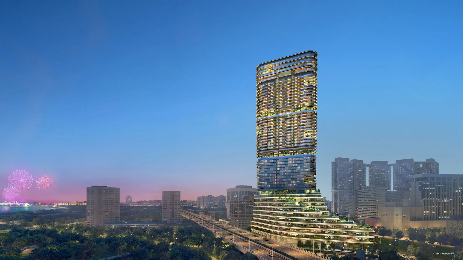 Exterior facade of the Newport Residences integrated high-rise development against the CBD skyline.