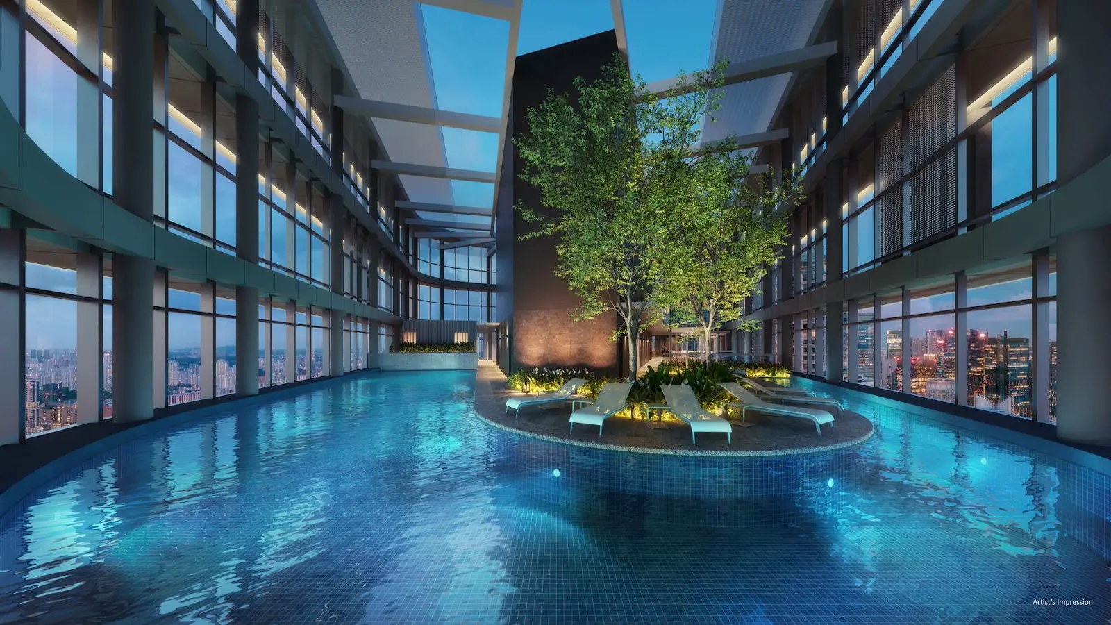 Elevated infinity sky pool at Newport Residences overlooking the Singapore CBD and sea view.