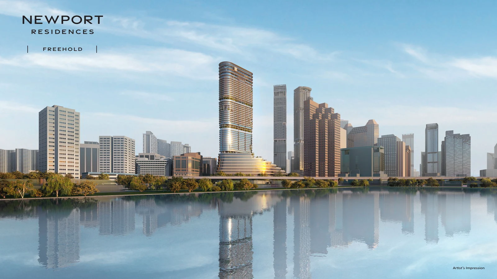Daytime view of Newport Residences freehold tower and the surrounding Tanjong Pagar city skyline across the water.