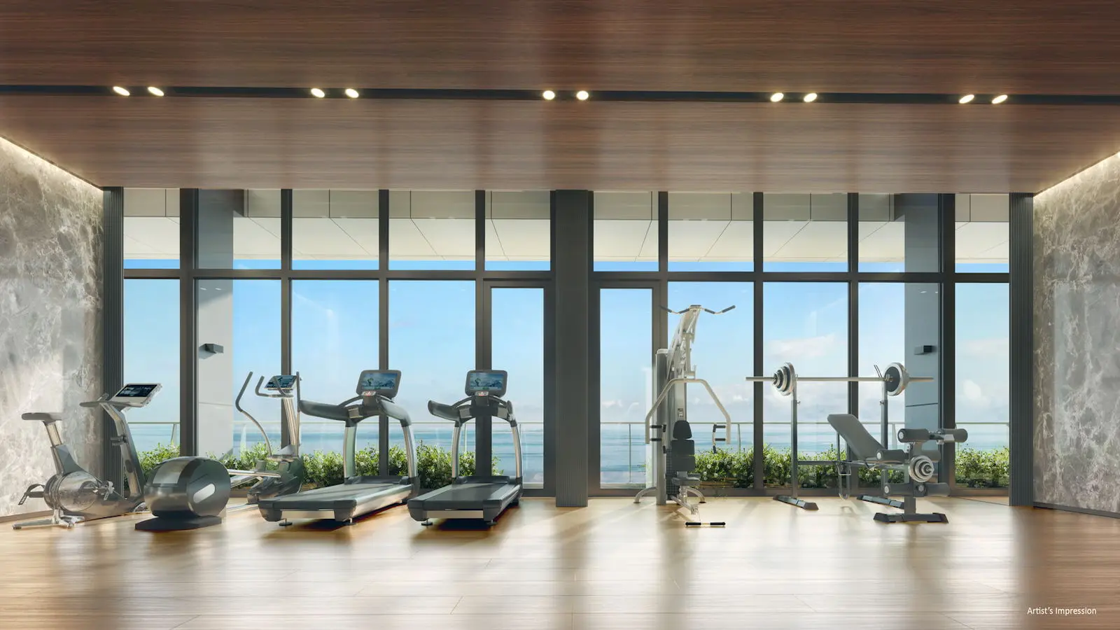 Condominium gymnasium at Newport Residences overlooking the Tanjong Pagar skyline.