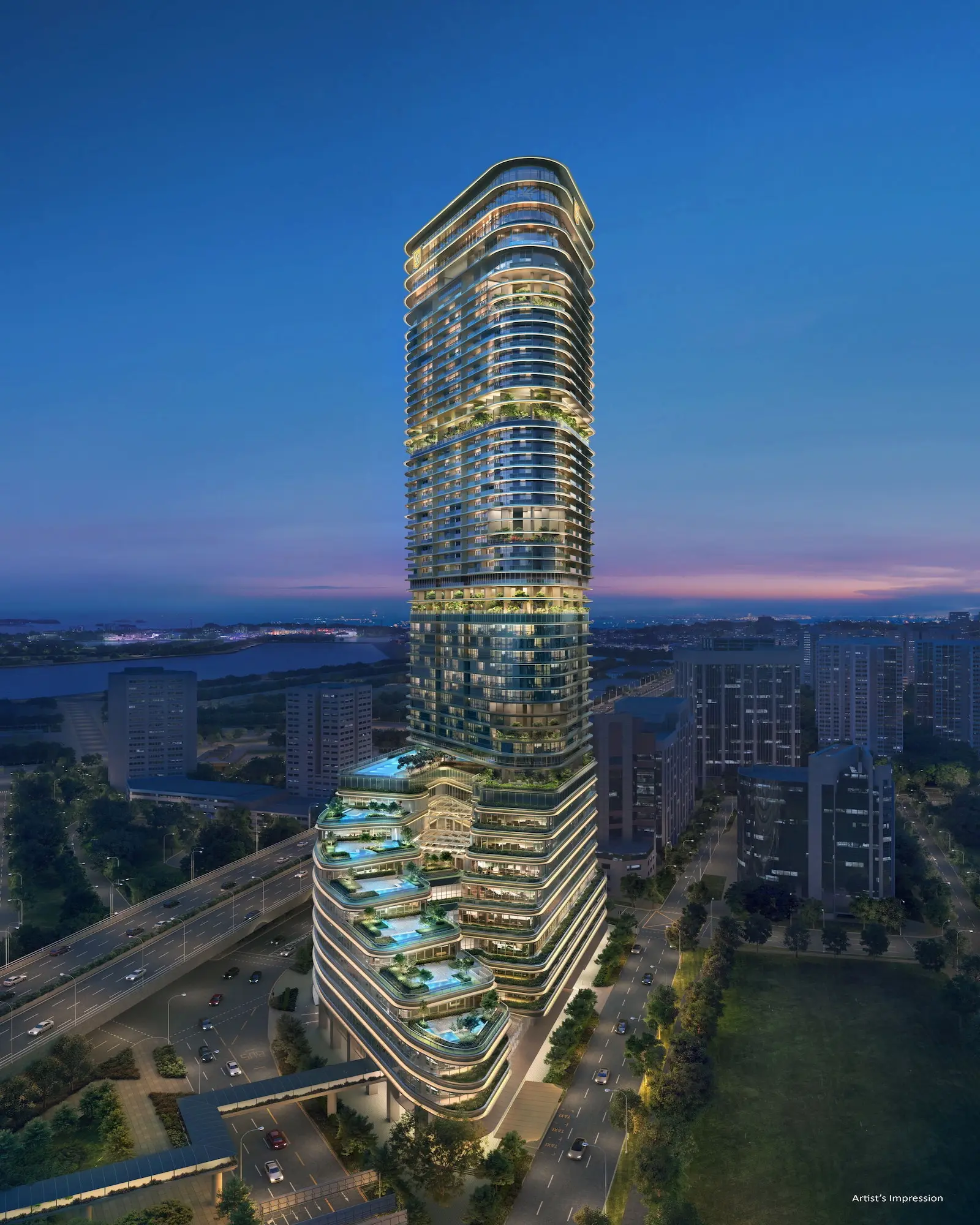 Illuminated cascading terraces and nighttime facade of Newport Residences in the CBD.