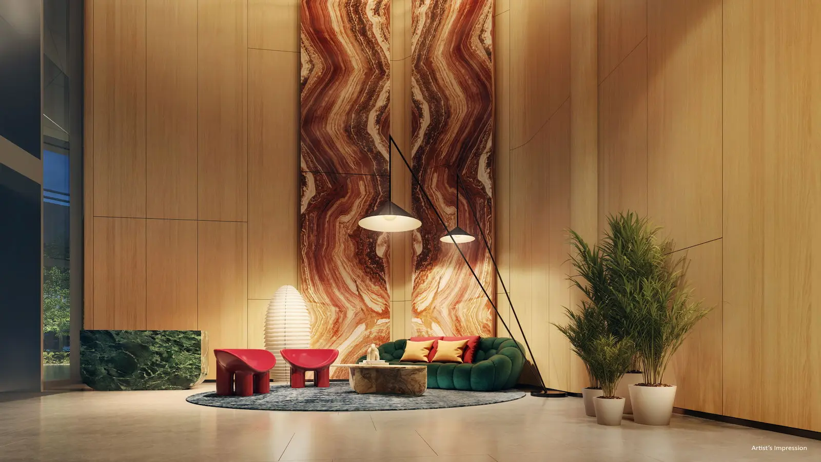 Residential arrival drop-off lobby at Newport Residences in District 2.